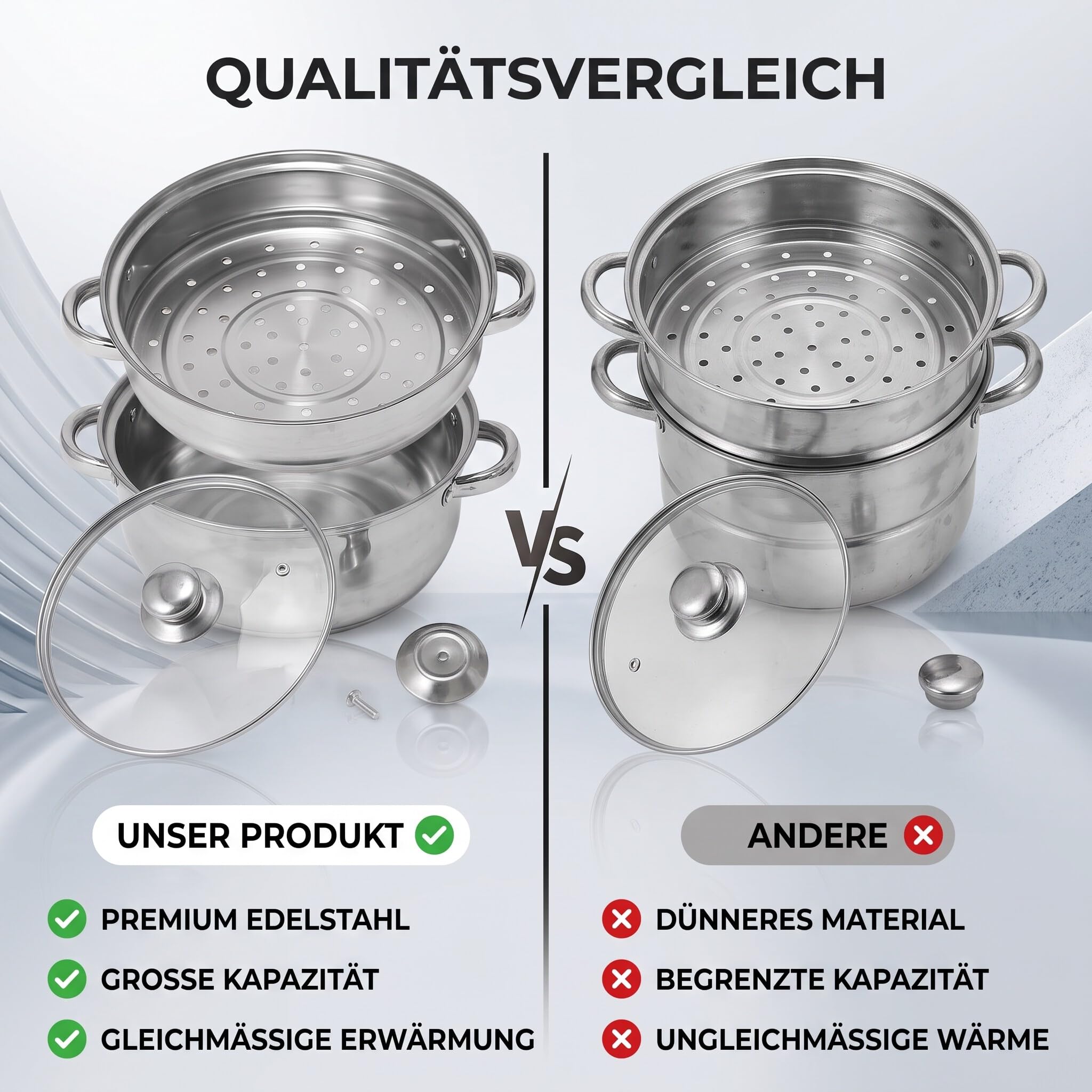 Edelstahl Dampftopf, Verdickter, Multifunktional, Großes Fassungsvermögen, Doppelohr-Topf für Lebensmittel, Knödel, Nudeln, Kochen
