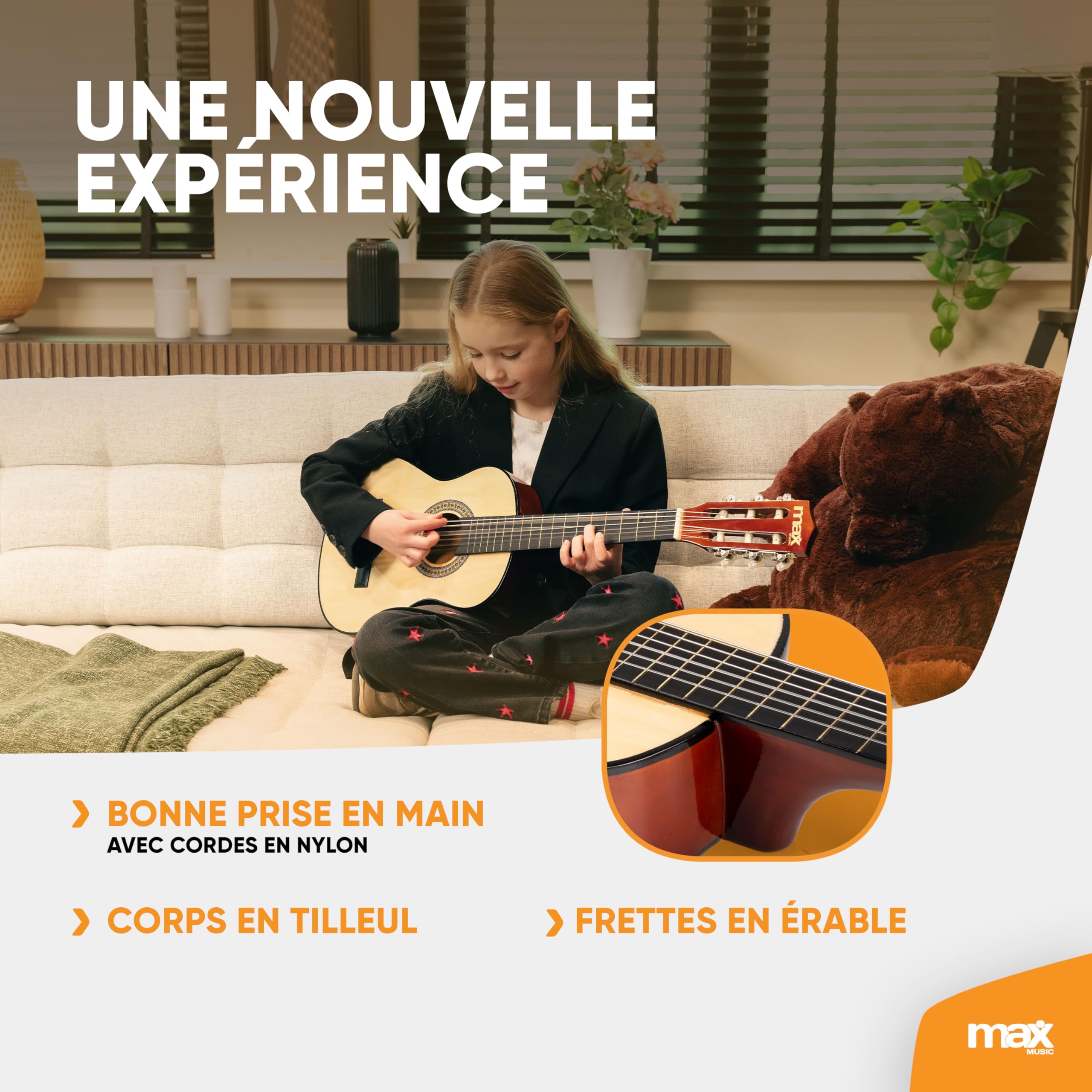 Max SoloArt Pack Guitare Classique Junior 1/4 - Bois Naturel Clair, Cordes en Nylon, 4 à 6 ans, Sac de Transport, Médiators, Sangle, un Cadeau pour Enfants Idéal pour Débuter la Guitare
