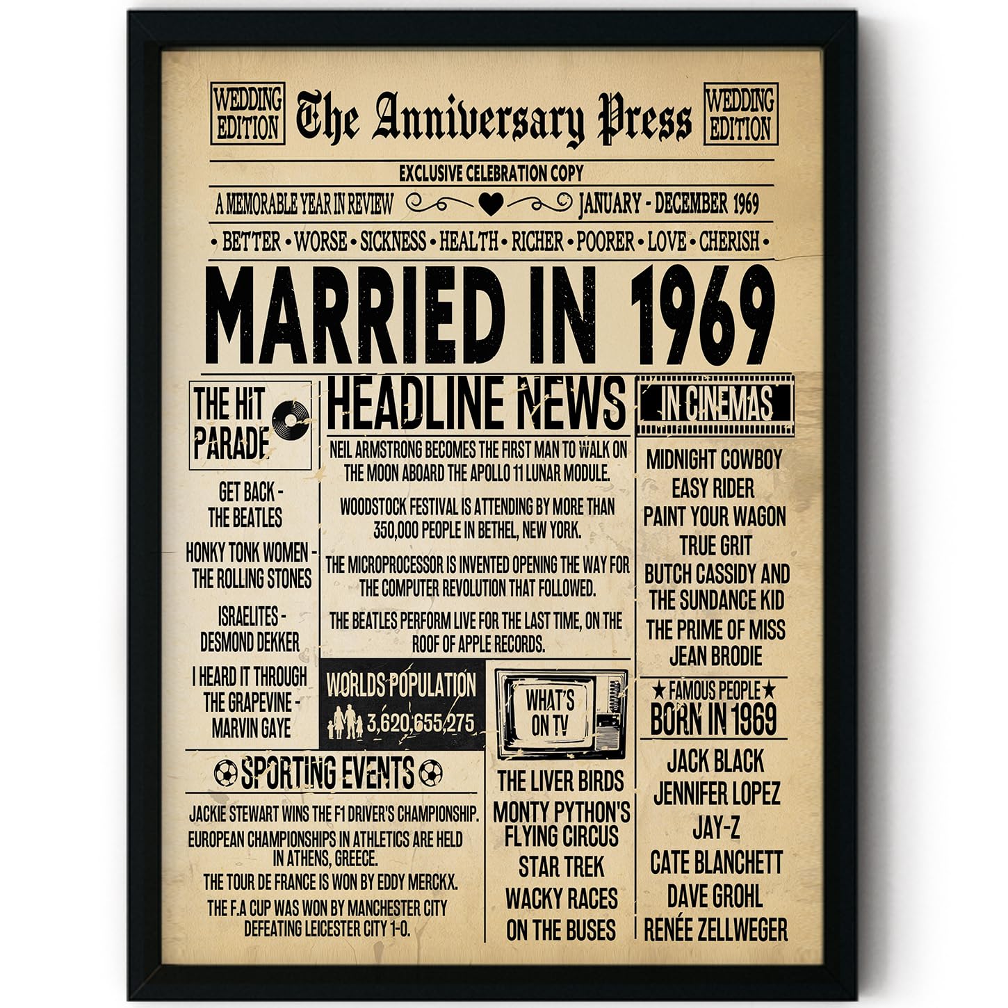 Stuff4 57th Anniversary Poster Framed - Married In 1969 Newspaper - 57 Wedding Anniversary for Men Women Retro Vintage Gifts Back In 1969, 8x10 Inch Anniversaries Posters โ image 1