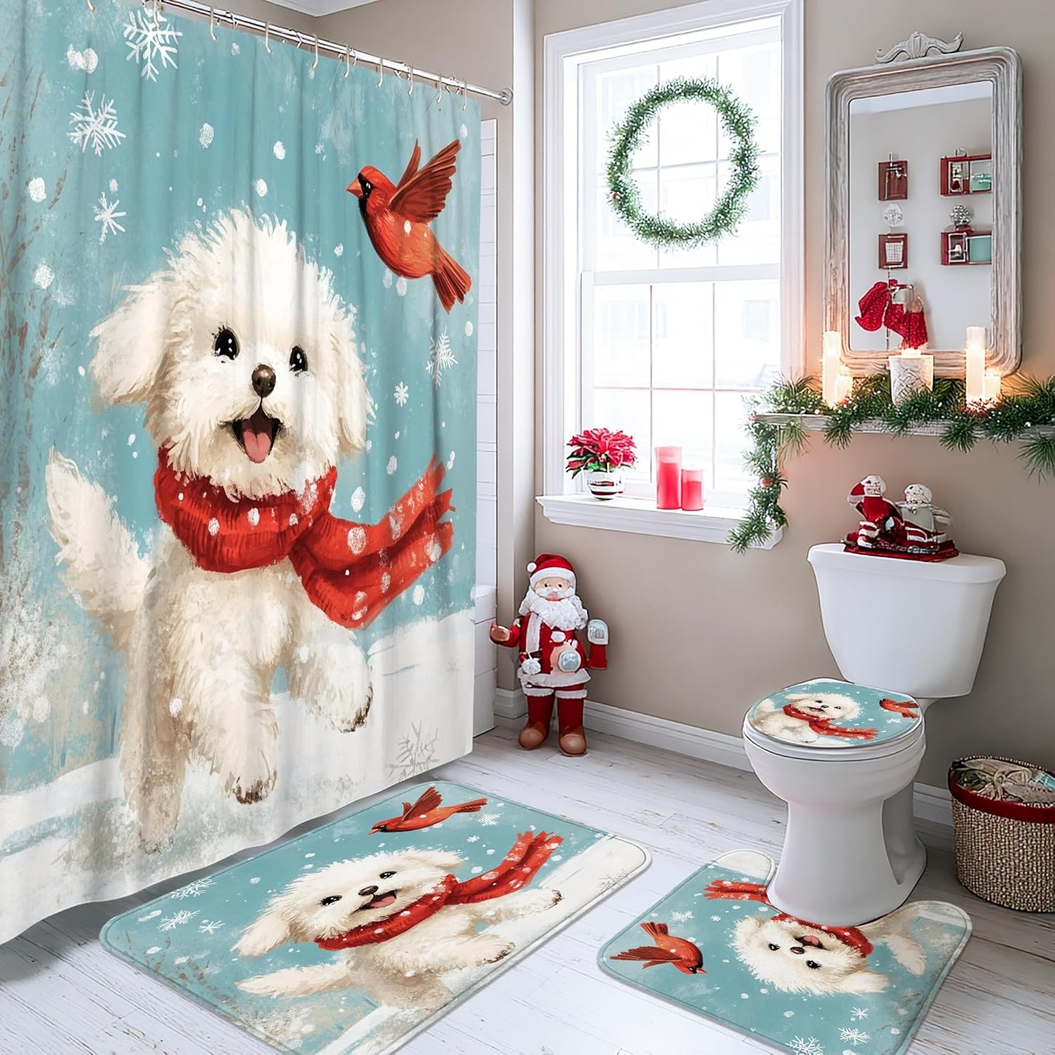 4PCS Winter Christmas Bichon Frise Dog Bathroom Accessory Sets with Non-Slip Rug, U Shape and Toilet Lid Cover Mat, Cute Kid Xmas Puppy Bathroom Decorative-72''x72''