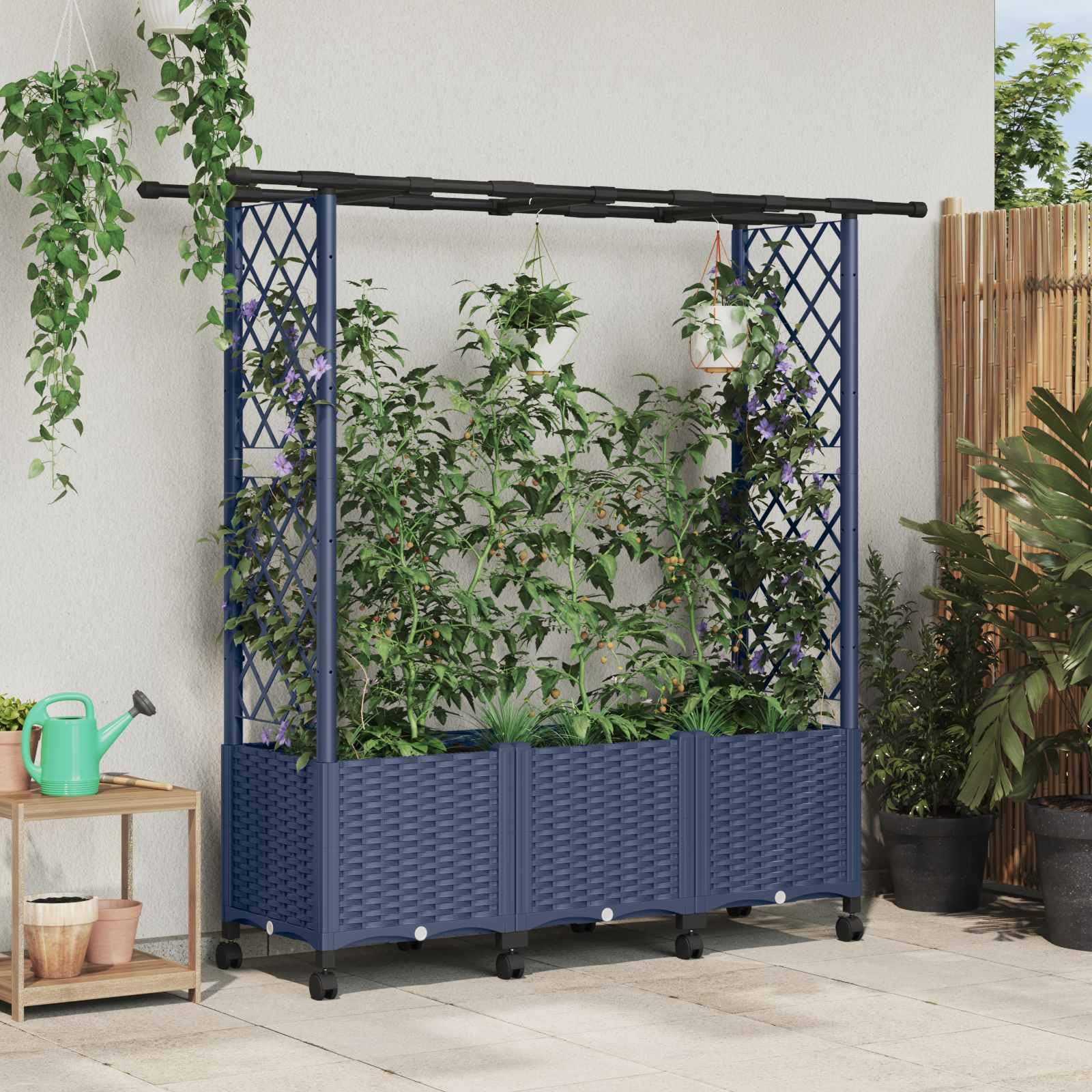 Bancal alto con enrejado y techo, gris, 162,5 x 40 x 142 cm, polipropileno | Jardinera móvil de polipropileno para terraza y balcón, con enrejado resistente a la intemperie y almacenamiento de agua.