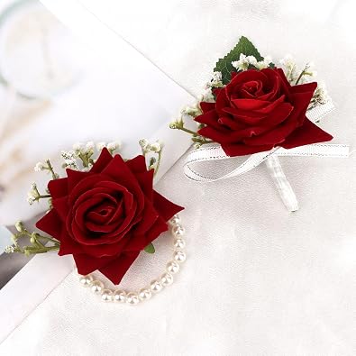 2Pcs Corsage Wristlet Flower Bracelet and Boutonniere Set Wedding Corsage Kit for Bride Bridesmaid Groom Groomsmen Parents Boutonniere Bracelets for Prom Wedding Party