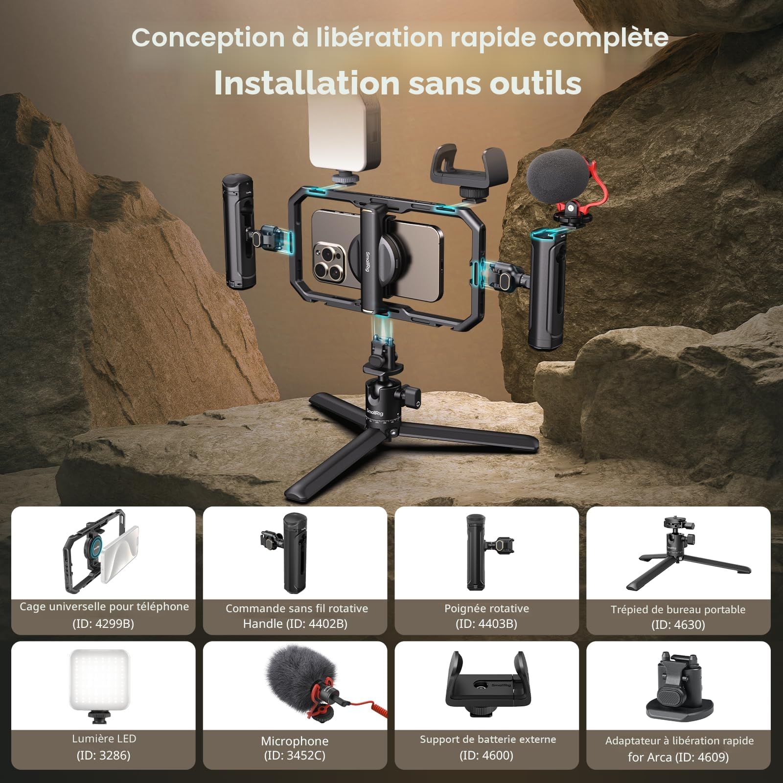 SMALLRIG Kit de Montage Vidéo Universel Tout-en-Un pour Téléphone avec Éclairage LED/Microphone/Trépied/Deux Poignées/Support de Batterie Externe, pour Vlogging et Diffusion en Direct - 4704