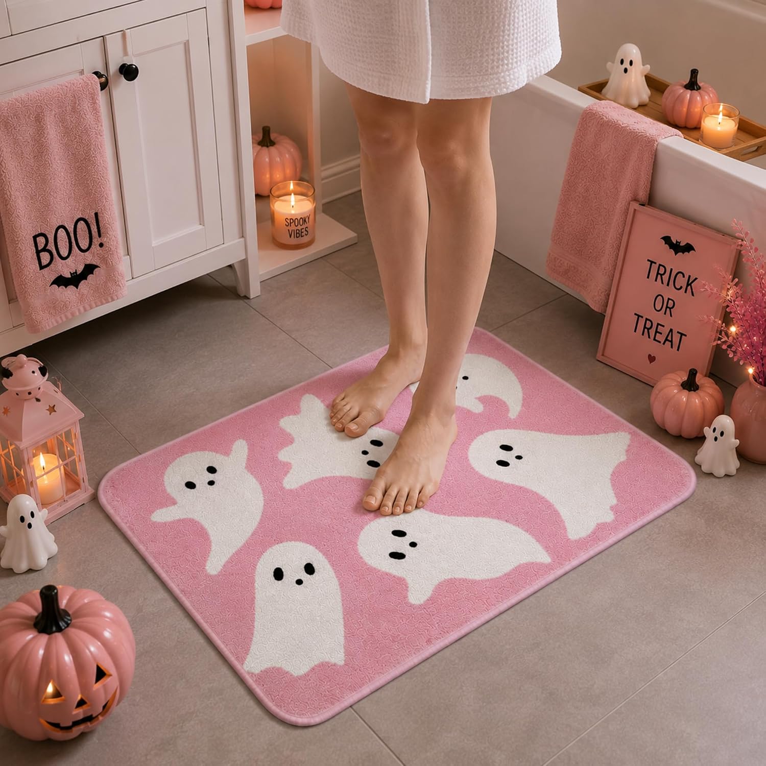 Tinideya Halloween Ghost Bathroom Rug 32 x 20 Inch,Pink, White