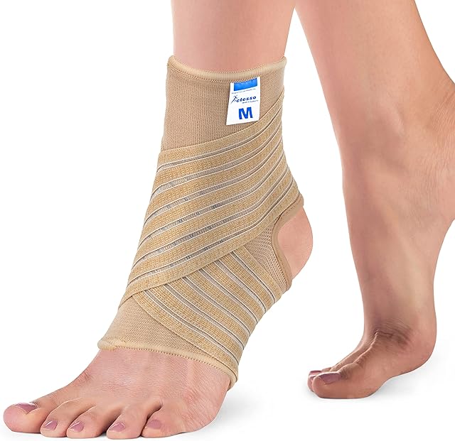 Actesso Ankle Support Sleeve with Strap - The Ultimate Support for Weak Ankles, Sprains and Sports Injury. Ideal for Men & Women & Left or Right (M (Pack of 1), Beige)