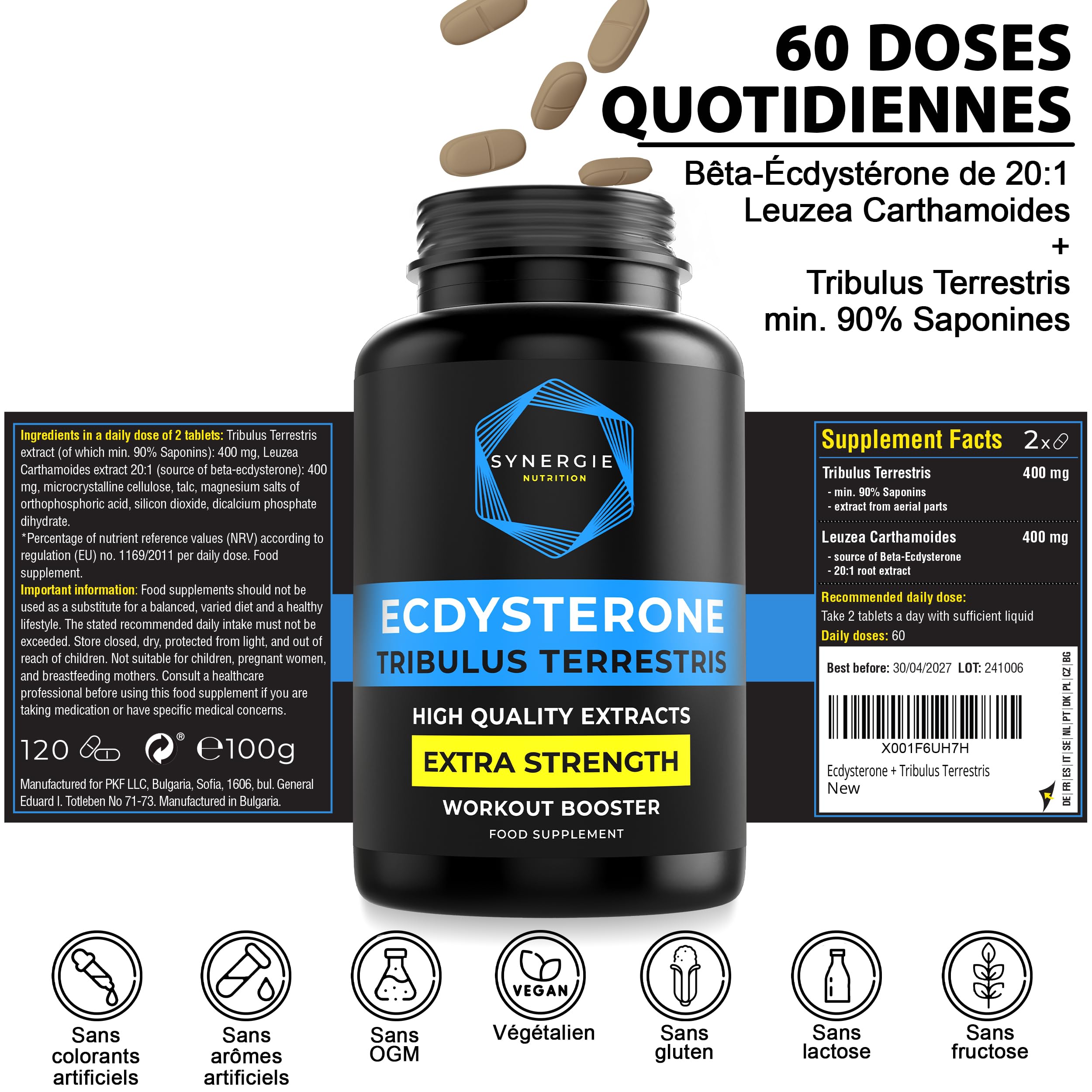 Ecdystérone - Tribulus Terrestris, Complément alimentaire par Synergie Nutrition - 400 mg d'extrait de Tribulus 90%+ de saponines - 400 mg d'extrait de Leuzea 20:1 - 60 doses quotidiennes