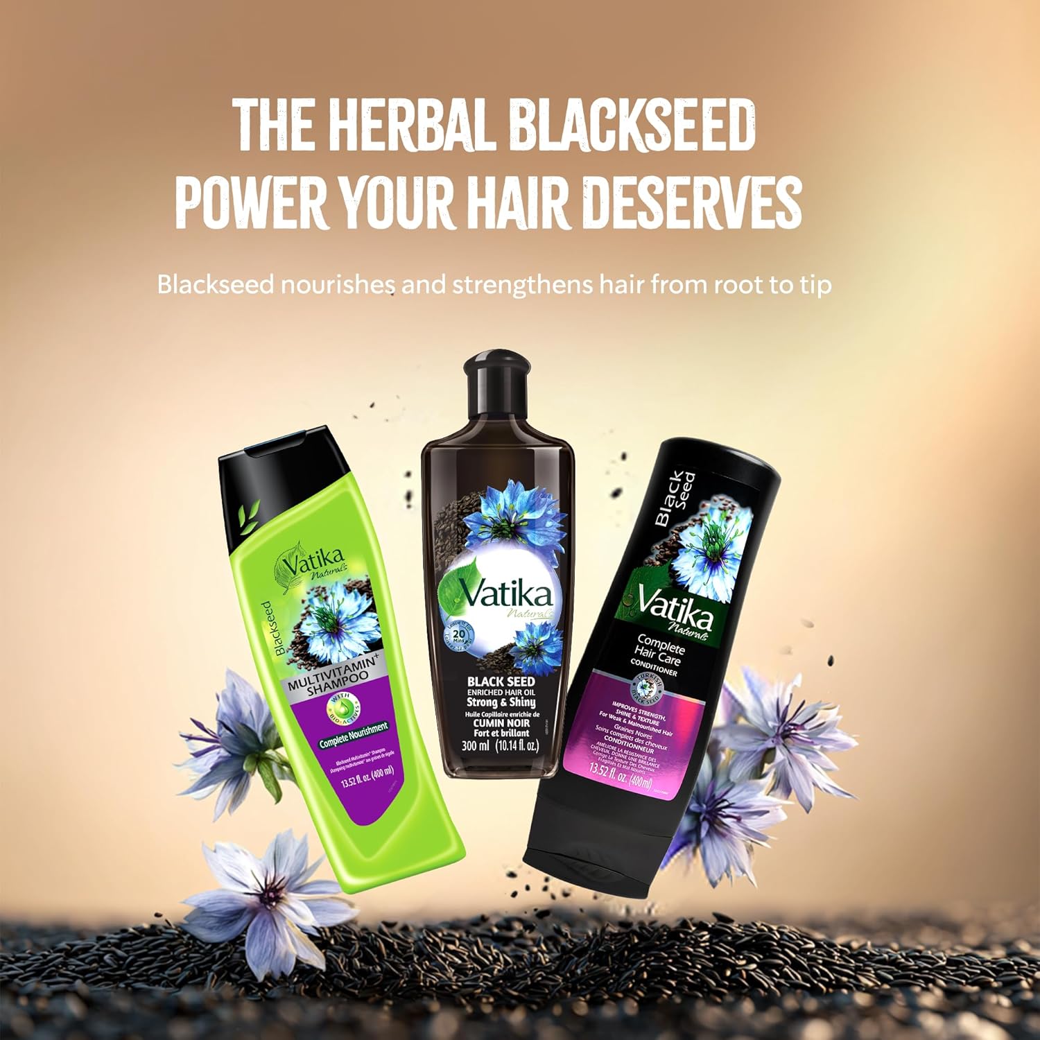 Vatika Naturals Blackseed Shampoo, Conditioner & Hair Oil Combo, Strengthens Hair, Reduces Hair Fall, Tames Frizz, Restores Shine, Smoothness & Bounce, Herbal Hair Care