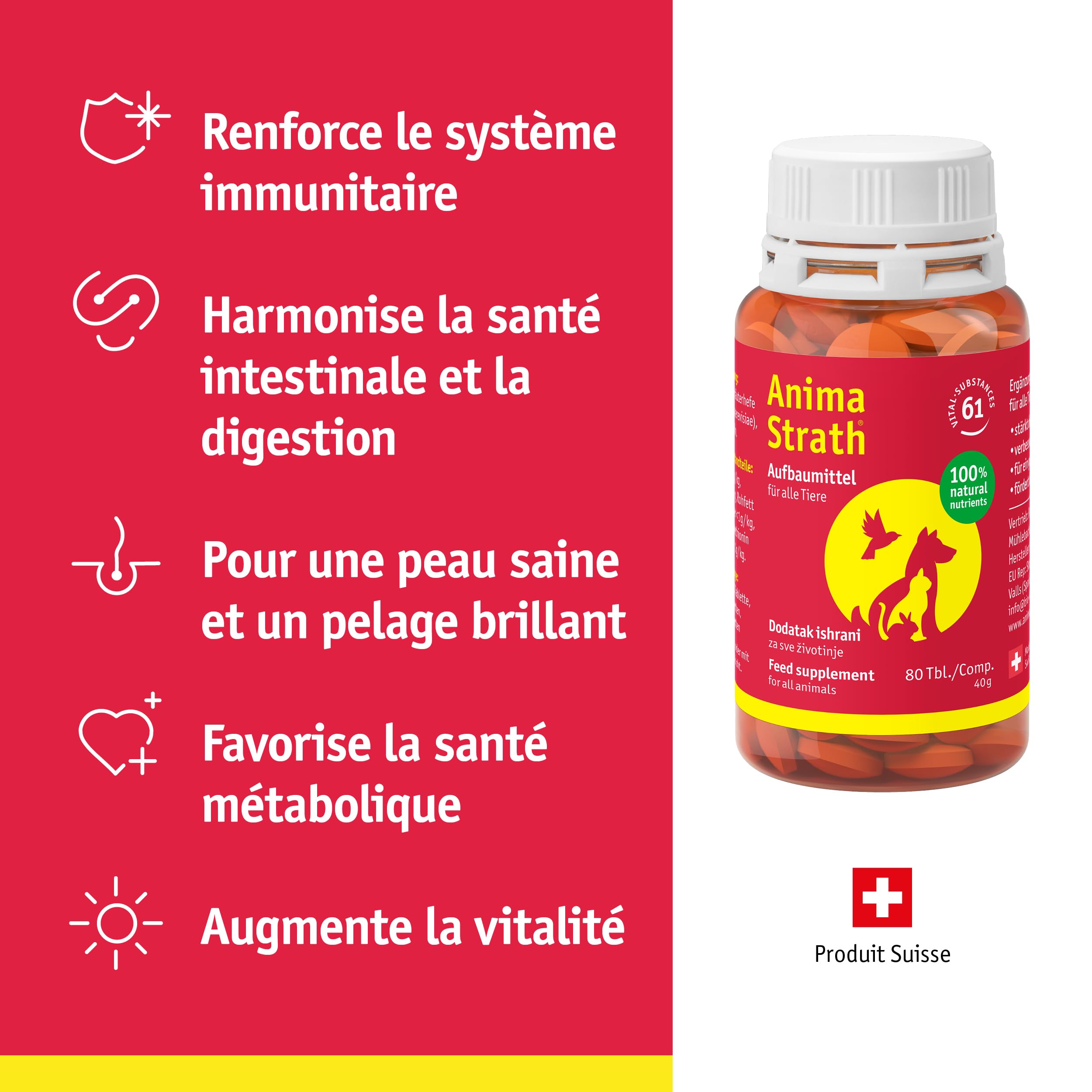 Anima Strath Complément Alimentaire pour Chiens - (80 Comprimés) 61 Nutriments, Vitamines, Minéraux, Acides Aminés, Complément Naturel pour Le Système Immunitaire et la Digestion.