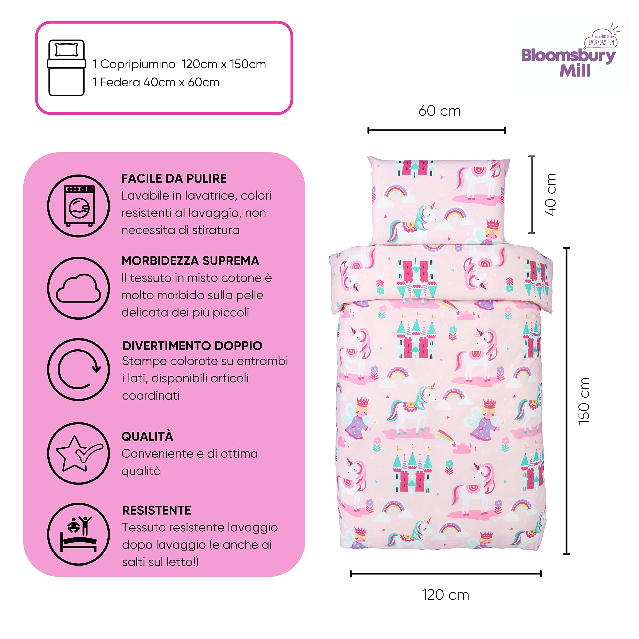 Bloomsbury Mill - Set biancheria da letto per bambini - Unicorno, Principessa e Arcobaleni - Set Copripiumino Lettino e federa per Ragazee - Lenzuola Culla per junior e bambino - Rosa -120 x 150 cm