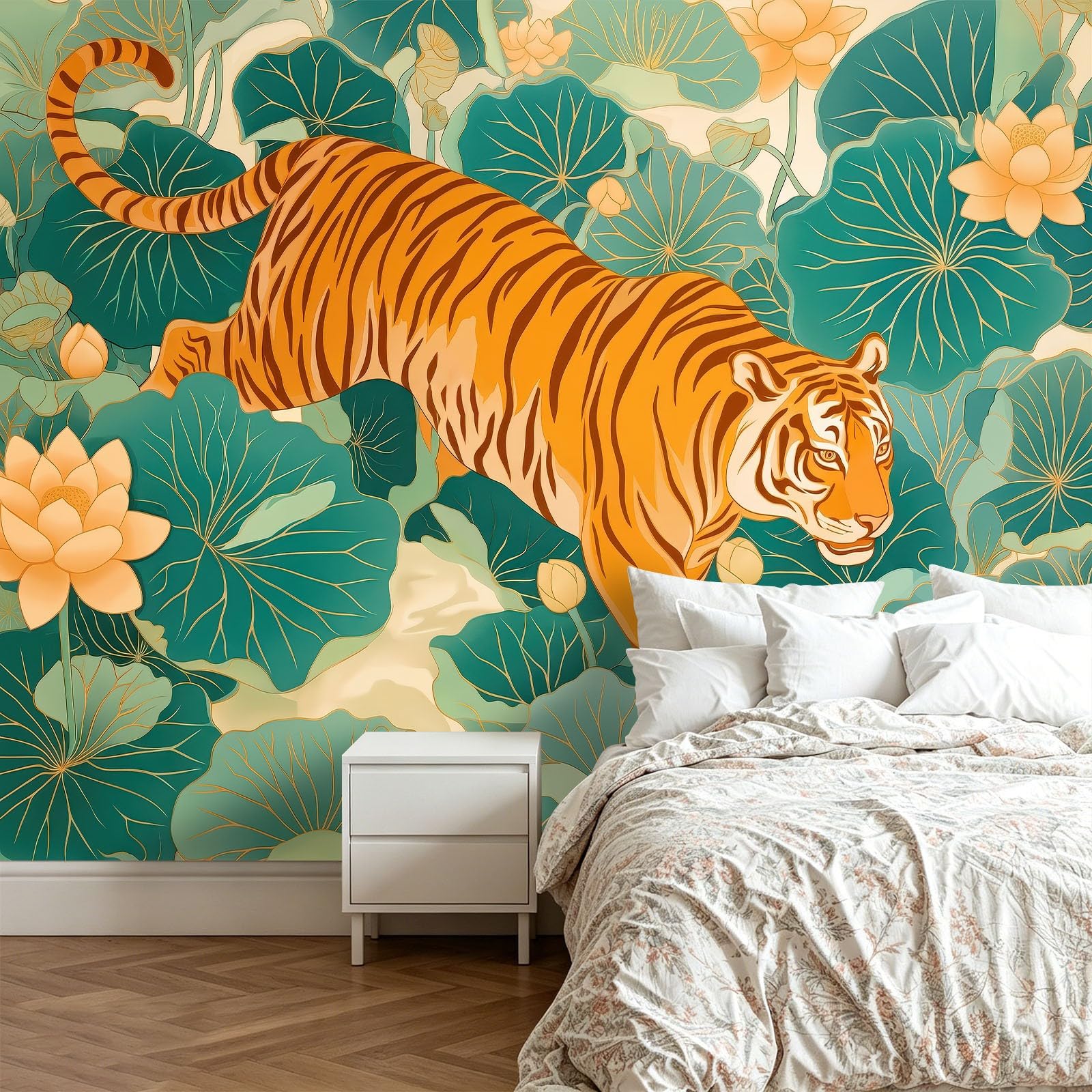 Vintage Panoramiczna tapeta 200 l x 140 cm, tygrys botaniczny kwiatowy tapeta z włókniny do salonu sypialni - nowoczesny mural XXL, sztuka ścienna gigantyczny plakat do biura