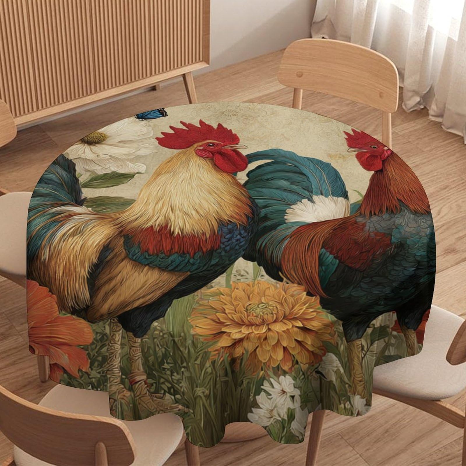 LUYYSKY Vintage Abstract Chickens Round Tablecloth Classic Rustic Spring Garden Flowers Animal Roosters Butterflies Print Washable Decor for Table Cover for Kitchen-70 Wx70 L