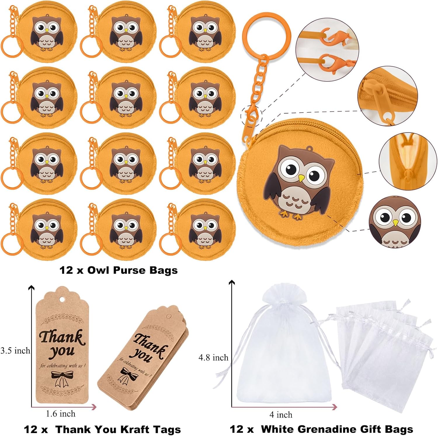 36 Pack Owl Change Purses Set Include 12 Wallets with Keyring,12 Thank You Tags and 12 Organza Bags for Woodland Forest Animals Party,Thanksgiving,Baby Shower,Birthday Party, Khaki - Image 2