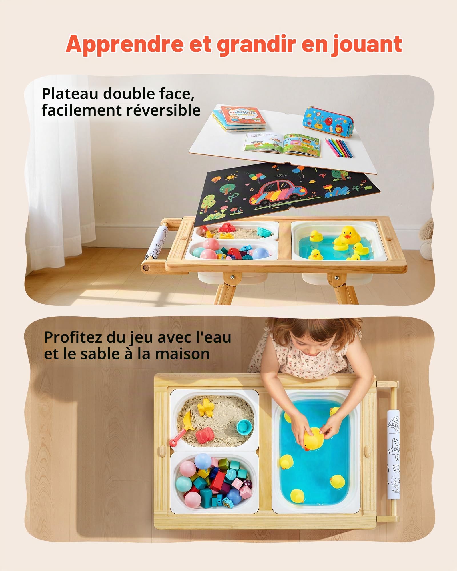 VEVOR Table Sensorielle pour Tout-Petits, Table d'Activité en Bois pour Enfants, Chevalet d'art avec Tableau Double Face, Bacs de Rangement, pour Jeux de Sable et d'eau, Dessin, Apprentissage, Repas