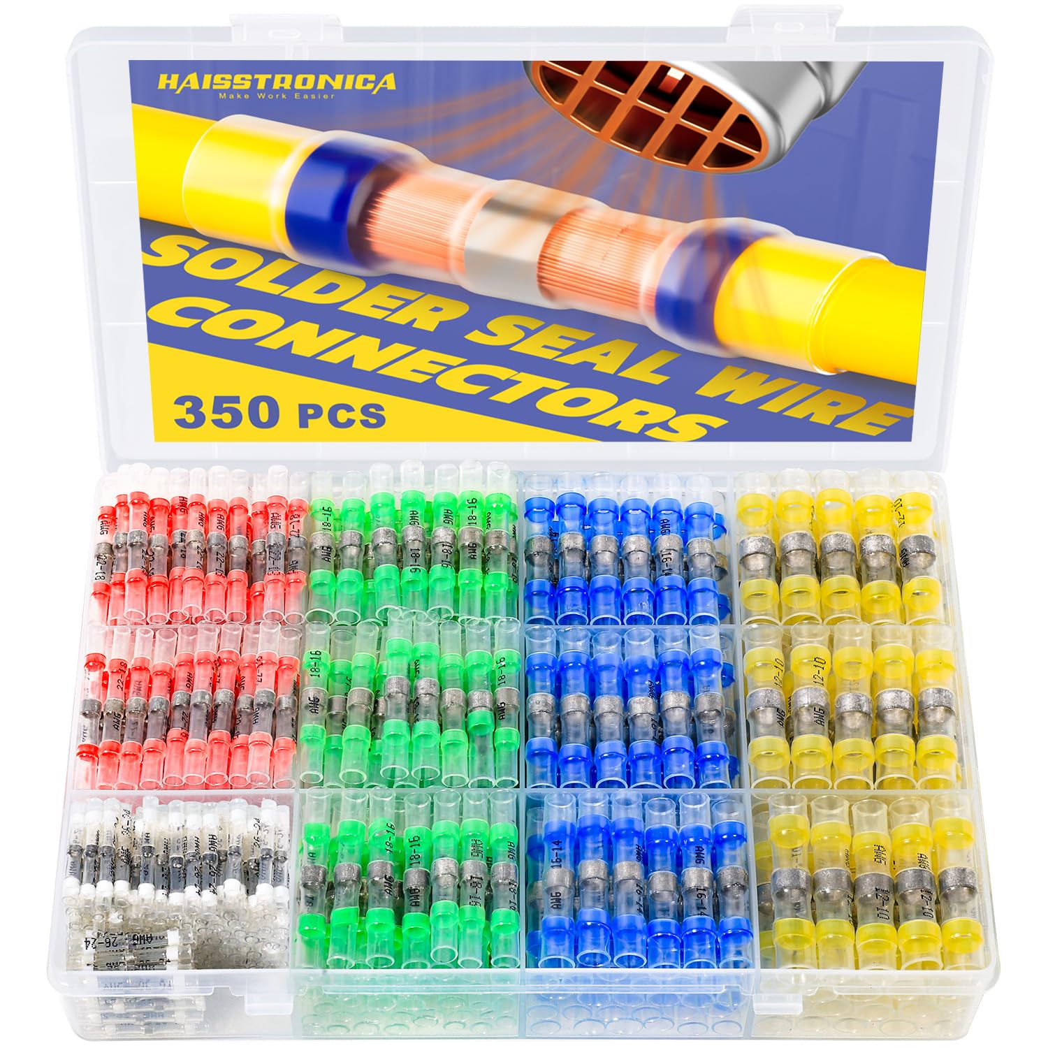 haisstronica Lötverbinder, 350 Stück, Schrumpfschlauchverbinder in Marinequalität, Stärke 26–10, wasserdichte Stoßverbinder, Stoßspleiß-Set für elektrische Kabelverbinder (5 Farben/5 Größen)