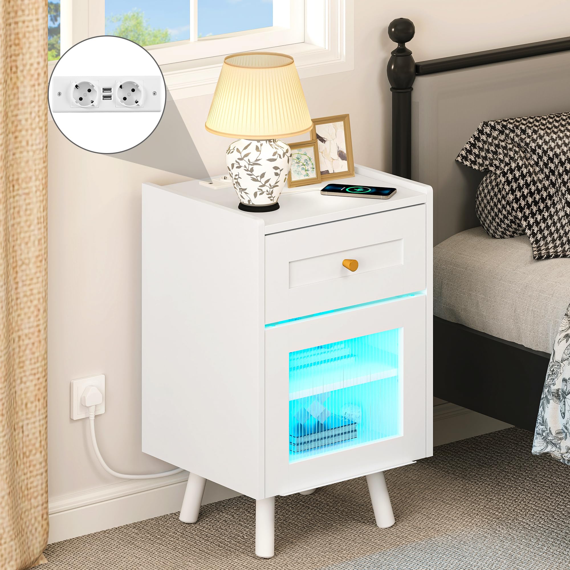 YITAHOME Comodino con striscia luminosa a LED a 7 colori, comodino con cassetto e ripiano regolabile, tavolino nero per camera da letto, soggiorno, 40 x 35 x 62 cm, bianco