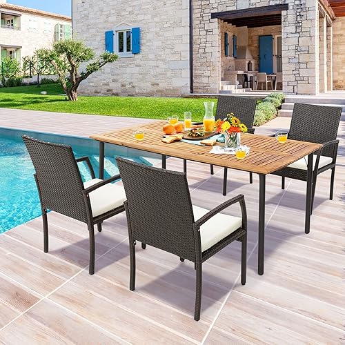 Miniatura 4 de Tangkula Mesa de comedor de madera de acacia para 6 personas, mesa de comedor rectangular grande con patas de metal, agujero para paraguas, muebles