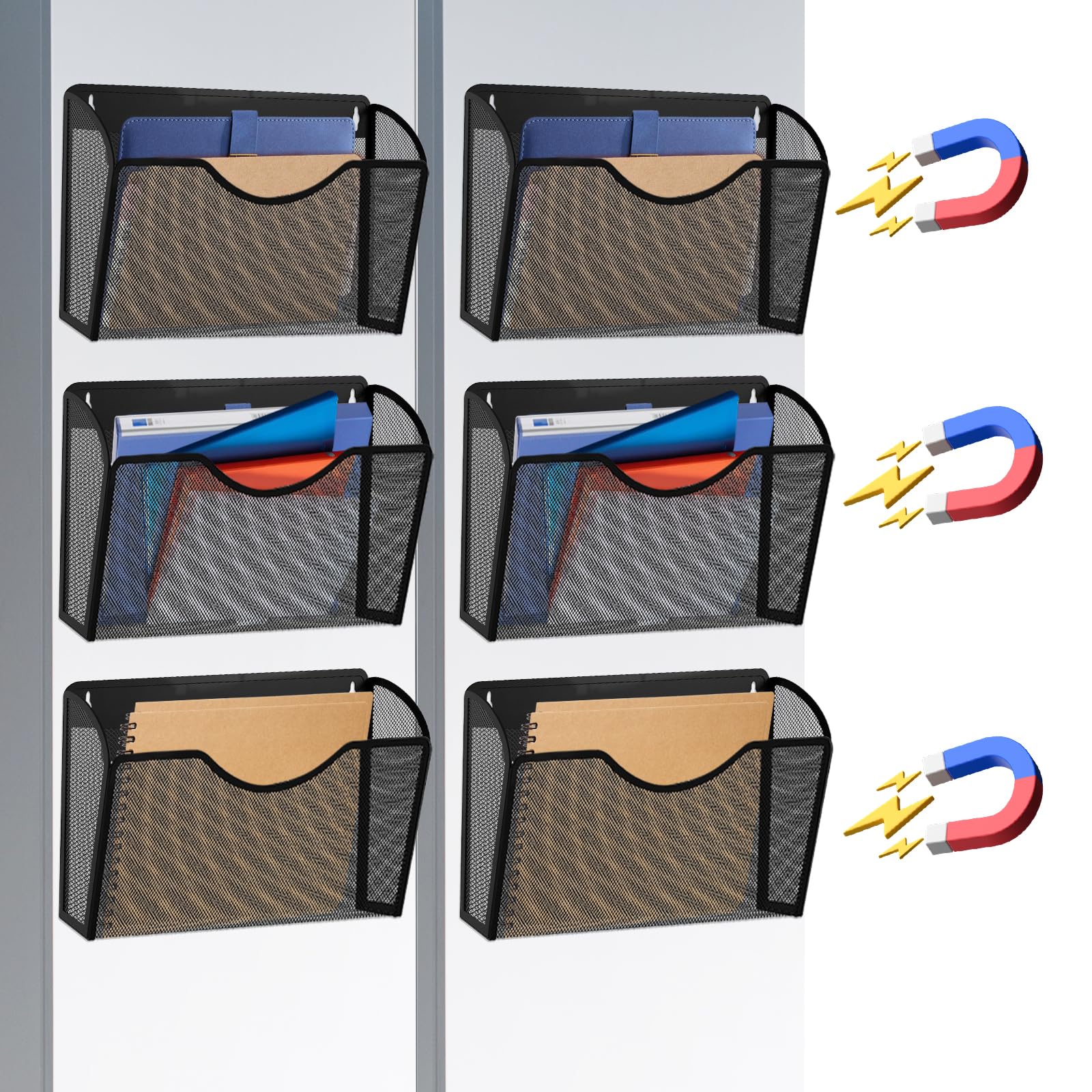 LQPAFZ Magnetic File Holder 6 Pockets File Folder Organizer, Office Hanging Magazine Rack for File Cabinets, Magnetic Paper Holder, No Drilling Mail