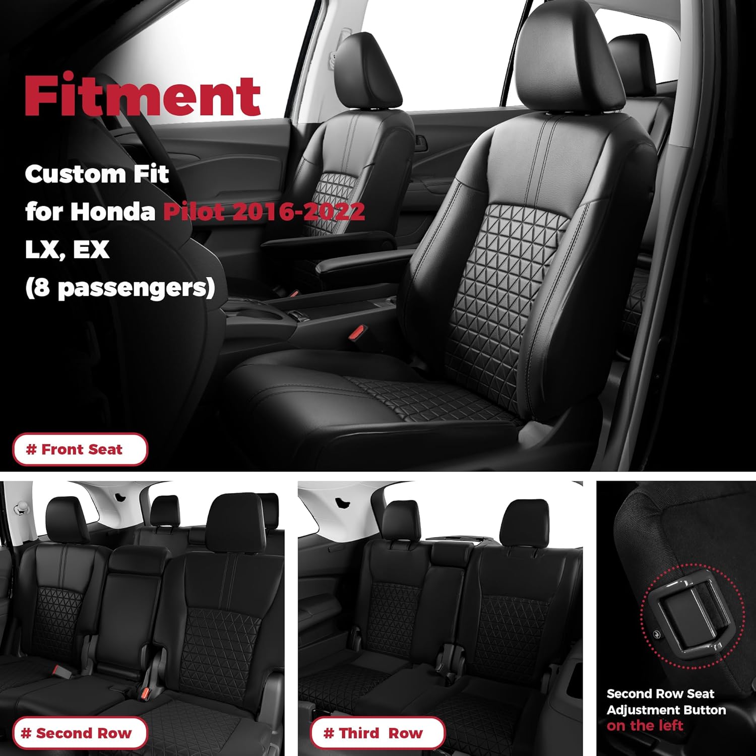 FREESOO Custom for Pilot Seat Covers LX,EX 2016 2017 2018 2019 2020 2021 2022-8 Seats - Leather Car Seat Covers for Honda Pilot 2016-2022 Full Set 3 Rows Waterproof