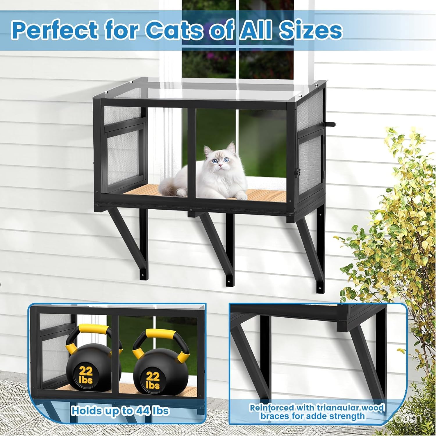 Large Wooden Cat Window Sill Perch Box Catio Outdoor Enclosure, Hanging Cat Window Bed Wall Hammock Shelf