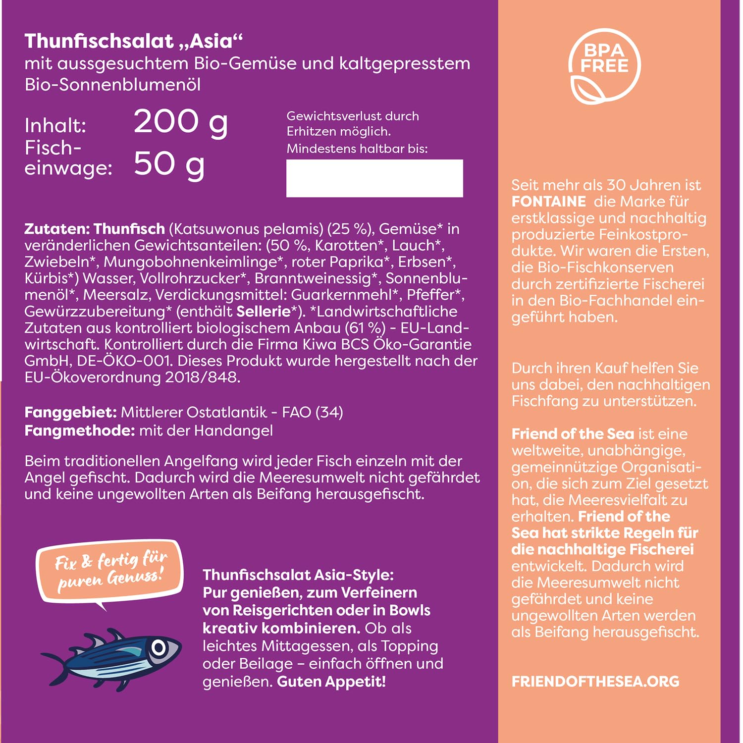 Fontaine Thunfischsalat Asia – 200 g – 5er Pack - mit Bonito Thunfischfilets aus 100% zertifizierter, nachhaltiger Fischerei und Bio-Gemüse aus kontrolliertem Anbau