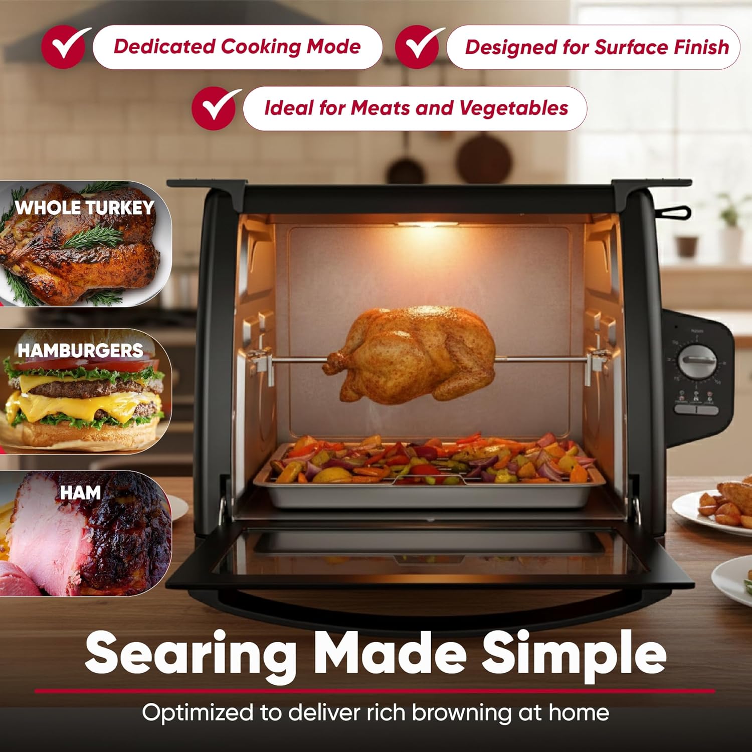 Rotisserie Chicken Countertop Oven - Large capacity (12 Lbs), Automatic Rotation | Heat Shield, Auto Shut-Off | Glass Door, Analog Control | Indoor Roaster - Whole Turkey & Meats, Vegetables | Black