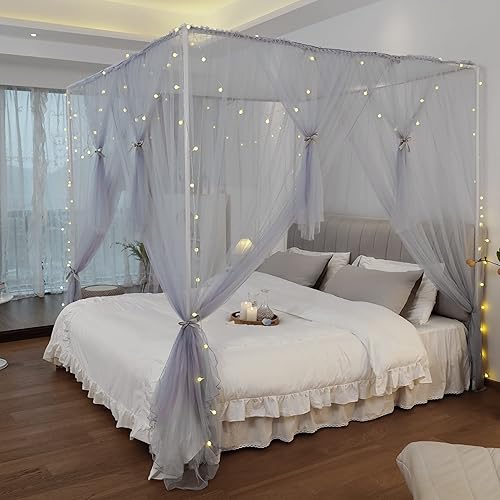 Canopy Bed Curtains - 4 Corners Post Bed Canopy Curtains for Girls & Adults, Bed Princess Bed Canopy Mosquito Net Bedroom Decoration Accessories - Gray, Full Size/Queen Size