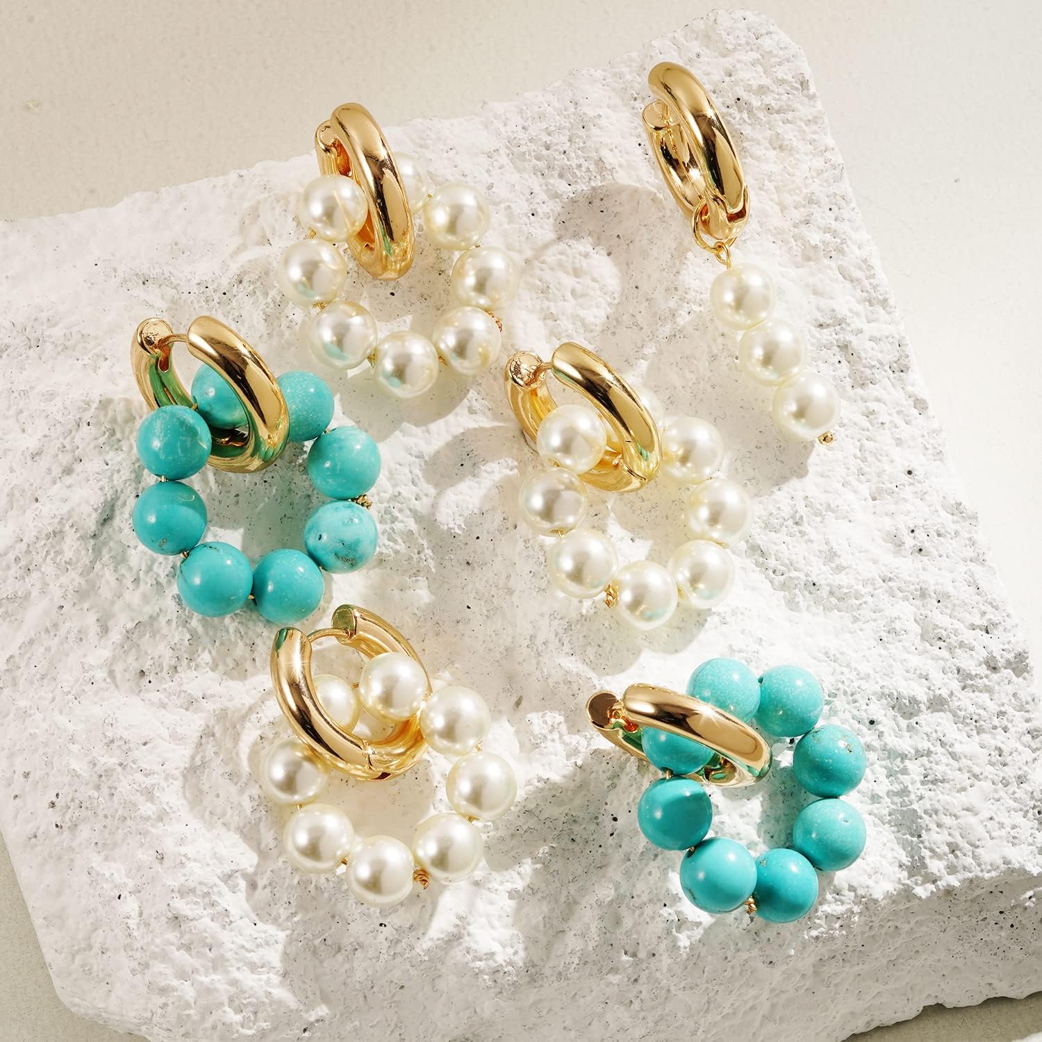 Elegant Turquoise Natural Stone Pearl Beaded Huggie Hoop Earrings for Women - Image 6