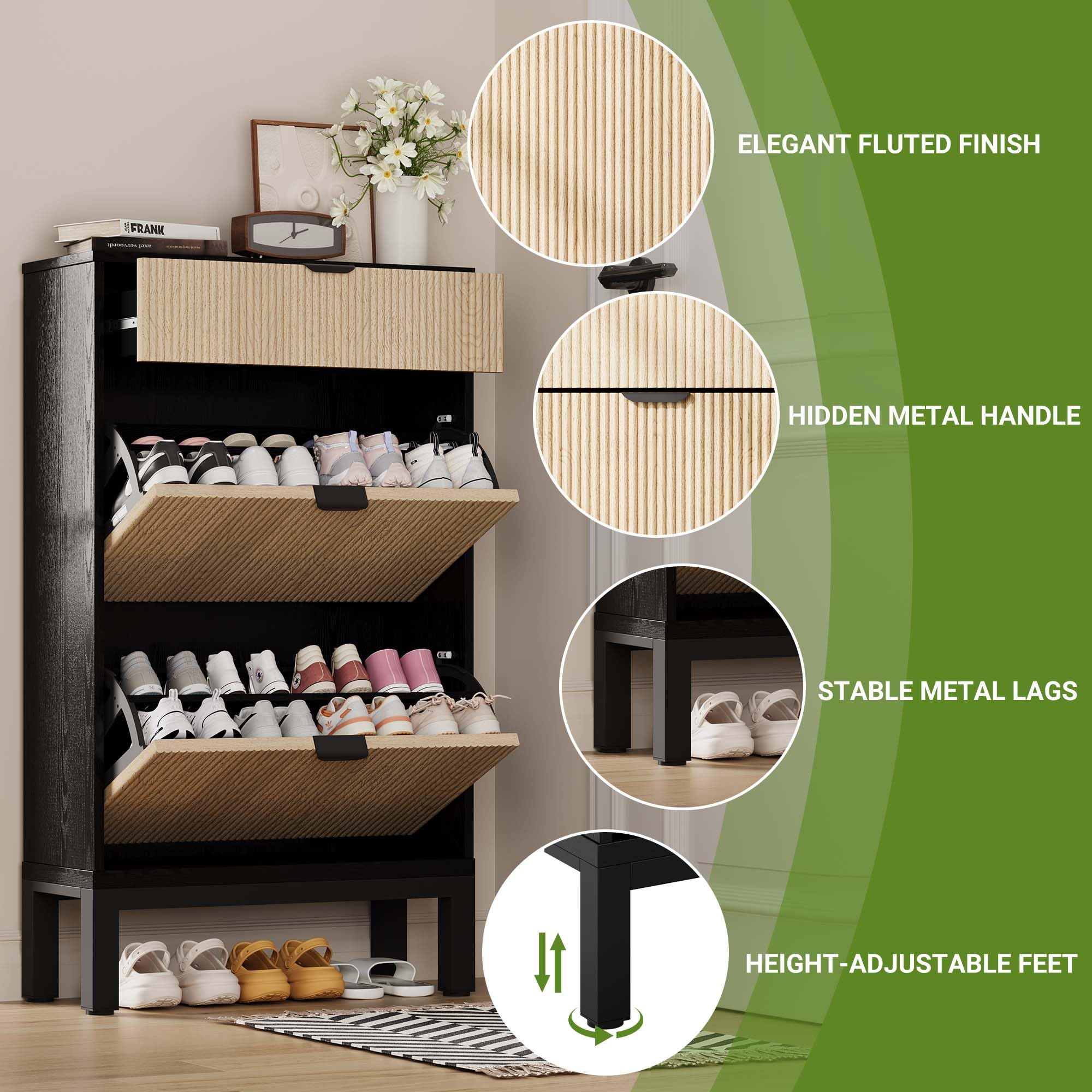 GarveeHome Zapatero Estrecho con 2 cajones abatibles y 1 cajón pequeño – Puertas estriadas – Capacidad 8-12 Pares – Estructura de Madera – para recibidor, Pasillo o Entrada – Negro + Madera