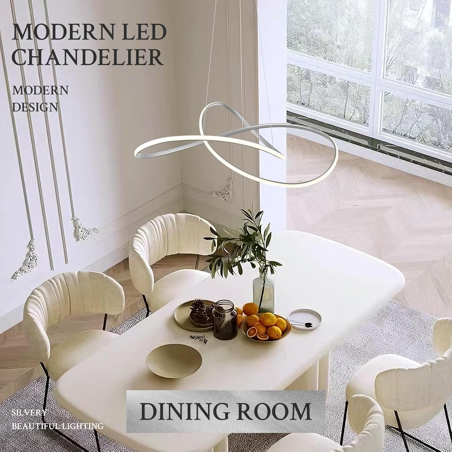 D31.5in Modern LED Chandelier Silver Ring Chandelier High Ceiling Contemporary with Dimmable Remote Control, LED Pendant Light Fixtures for Foyer Dining Room Kitchen Island, 3000-6500K