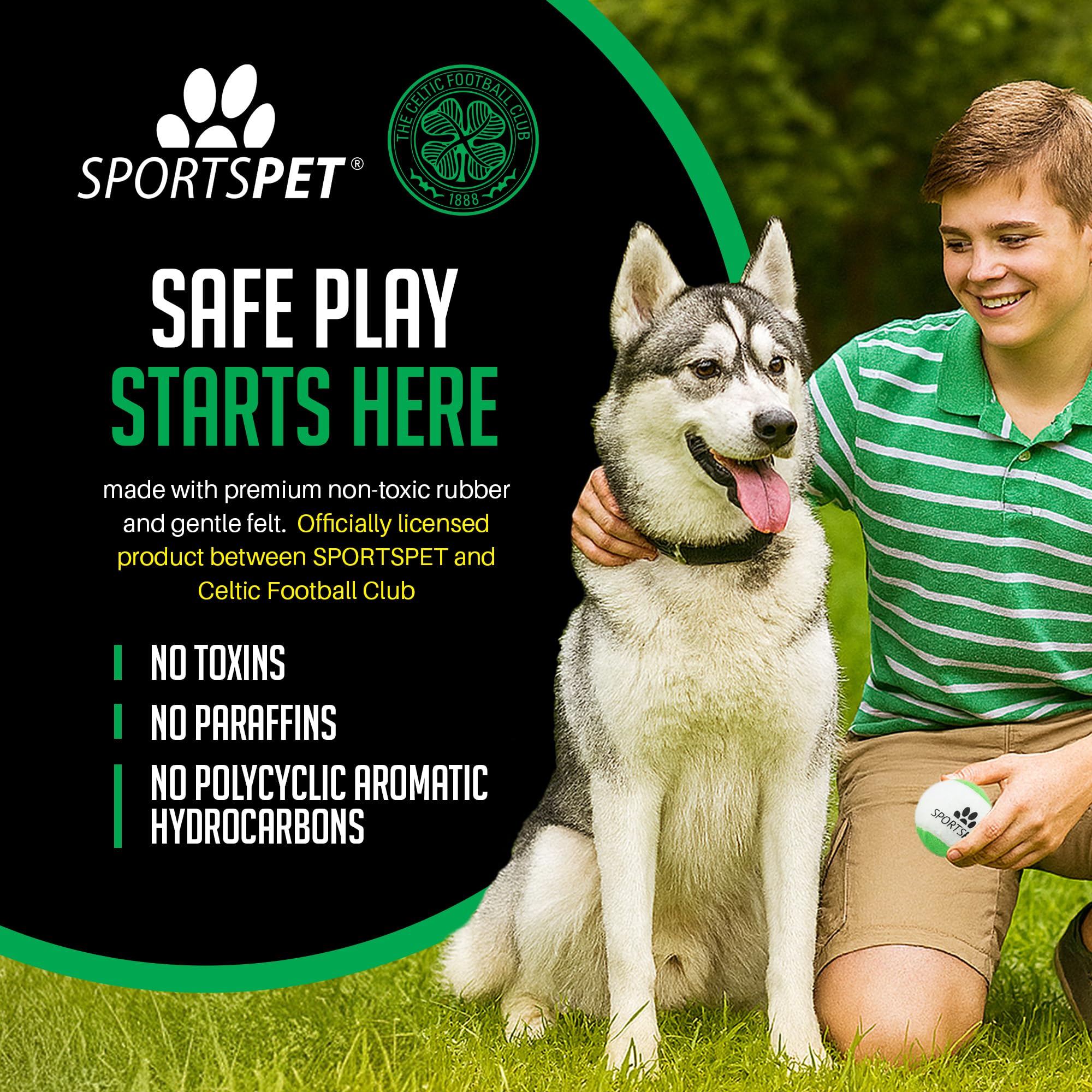 SPORTSPET x Celtic SQUEAK! Tennis Balls for Dogs, Green, White, 64mm - Image 2