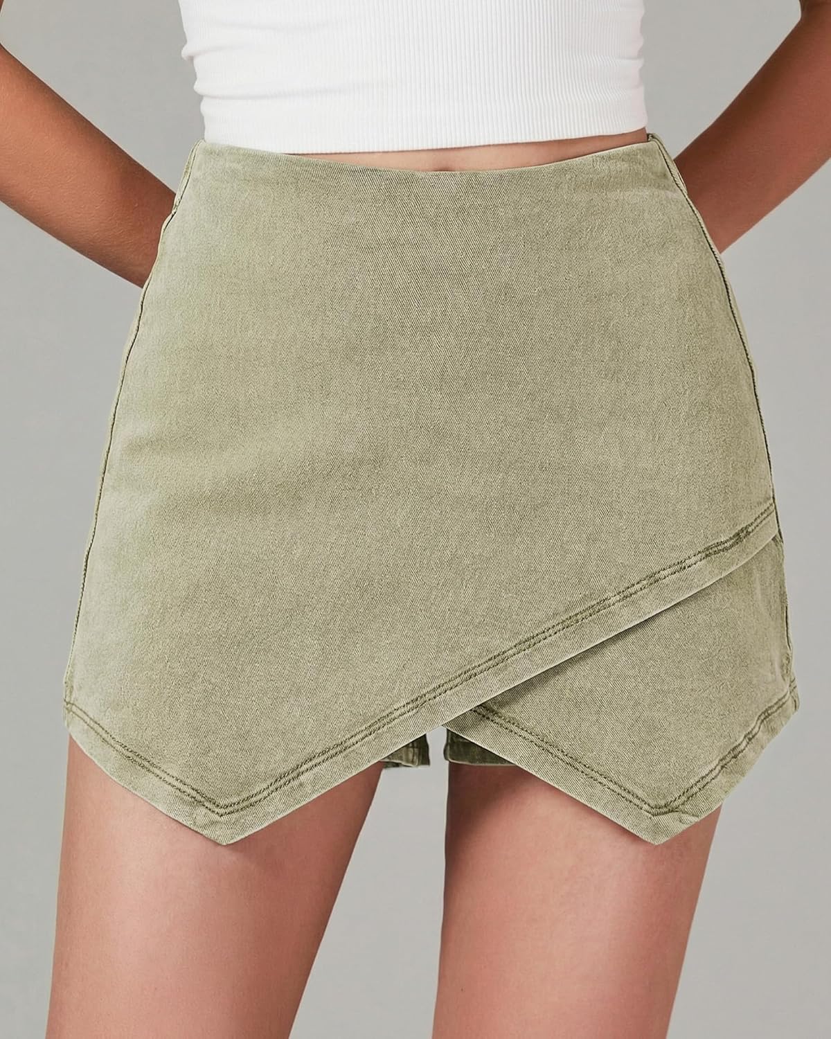 luvamia Jean Skorts for Woman High Waisted Pull On Stretchy Denim Wrap Skirt with Shorts Trendy Asymmetrical Skort