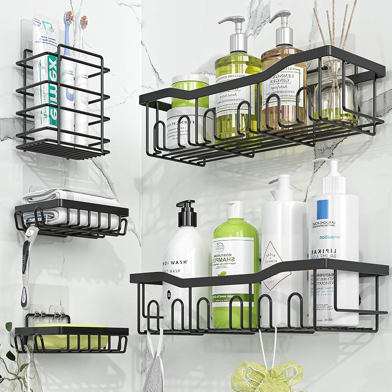 Shower Caddy, 5 Pack Stainless Steel Shower Shelves | Rustproof Shower Organizer with Large Capacity, No Drilling Bathroom Organizer Adhesive, Black Metal Storage Basket