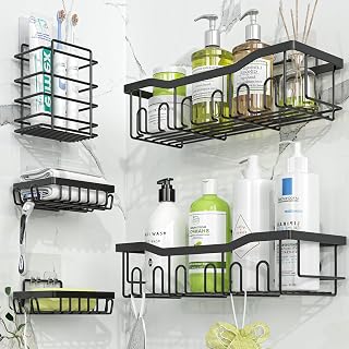 Shower Caddy, 5 Pack Stainless Steel Shower Shelves | Rustproof Shower Organizer with Large Capacity, No Drilling Bathroom Organizer Adhesive, Black Metal Storage Basket