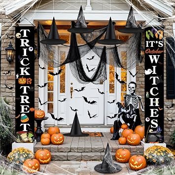35PCS Halloween Decorations Outdoor Set Trick or Treat and Its October Witches Front Porch Door Banners Witch Hats Black Creepy Cloth 3D Bats Wall Stickers for Halloween Holiday Outdoor Indoor Decor