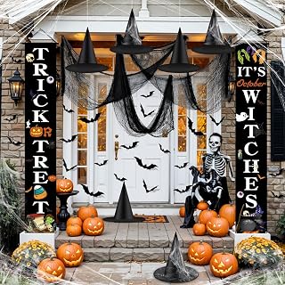35PCS Halloween Decorations Outdoor Set Trick or Treat and It's October Witches Front Porch Door Banners Witch Hats Black Creepy Cloth 3D Bats Wall Stickers for Halloween Holiday Outdoor Indoor Decor