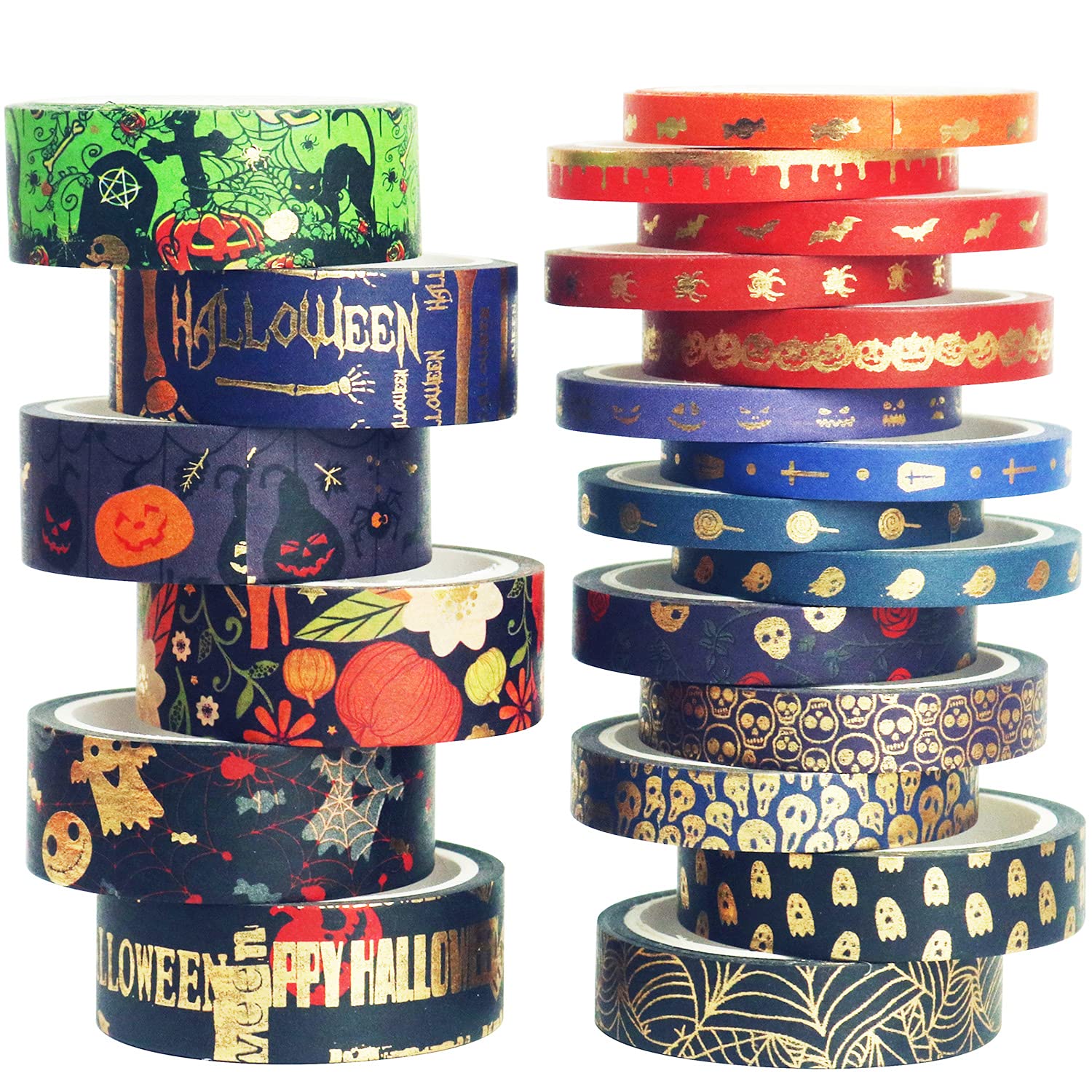 YUBX Halloween Washi Tape Set 20 Rolls Thrilling Skull Embellishment Decorative Black Gold Masking Tapes for Arts, DIY Crafts, Journals, Planners, Scrapbook, Wrapping