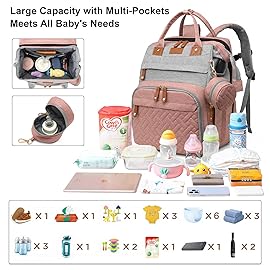 ANWTOTU Diaper Bag Backpack Diaper Bag Multifunctional Waterproof Diaper Bag with Changing Station Travel Backpack with Changing Pad, Baby Baby Pacifier Case & Stroller Straps(PinkGrey)