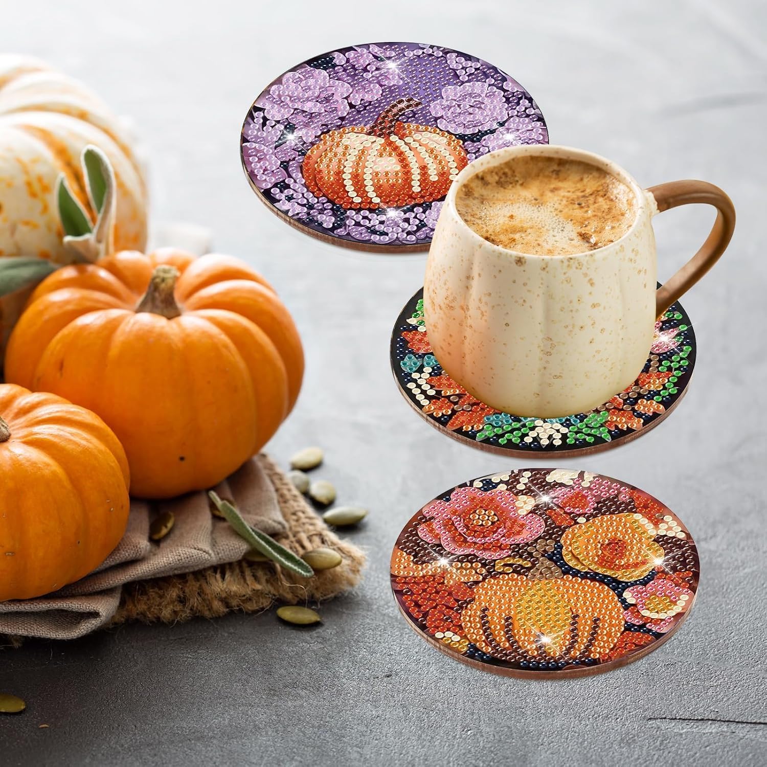 Denylo pro 8 Pcs Fall Pumpkin Diamond Art Painting Coasters Kits with Holder DIY Autumn Pumpkin Diamond Art Coaster Non Slip Coaster for Adults Diamond Kits Supplies for Fall Gift image 4