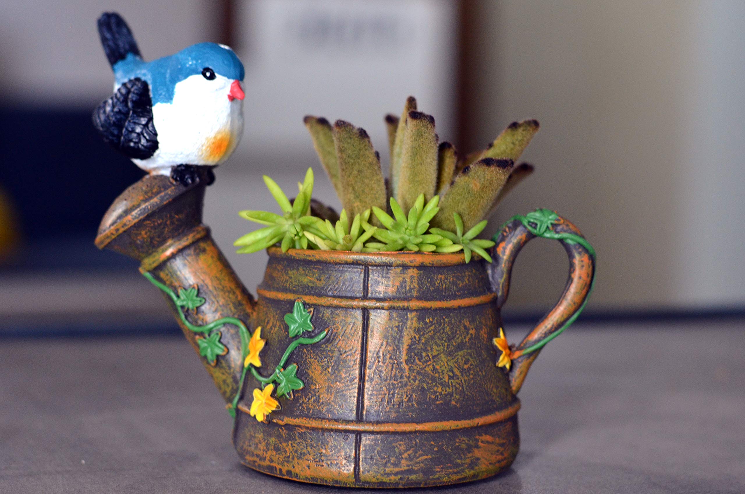 Star Gardens: Resin Pots Watering Bucket with Bird Brown Color Beauty Enhancer Design & Planter Unique Design Succulent Pots polyresin Pot Imported Without Plant SG-REN-0152