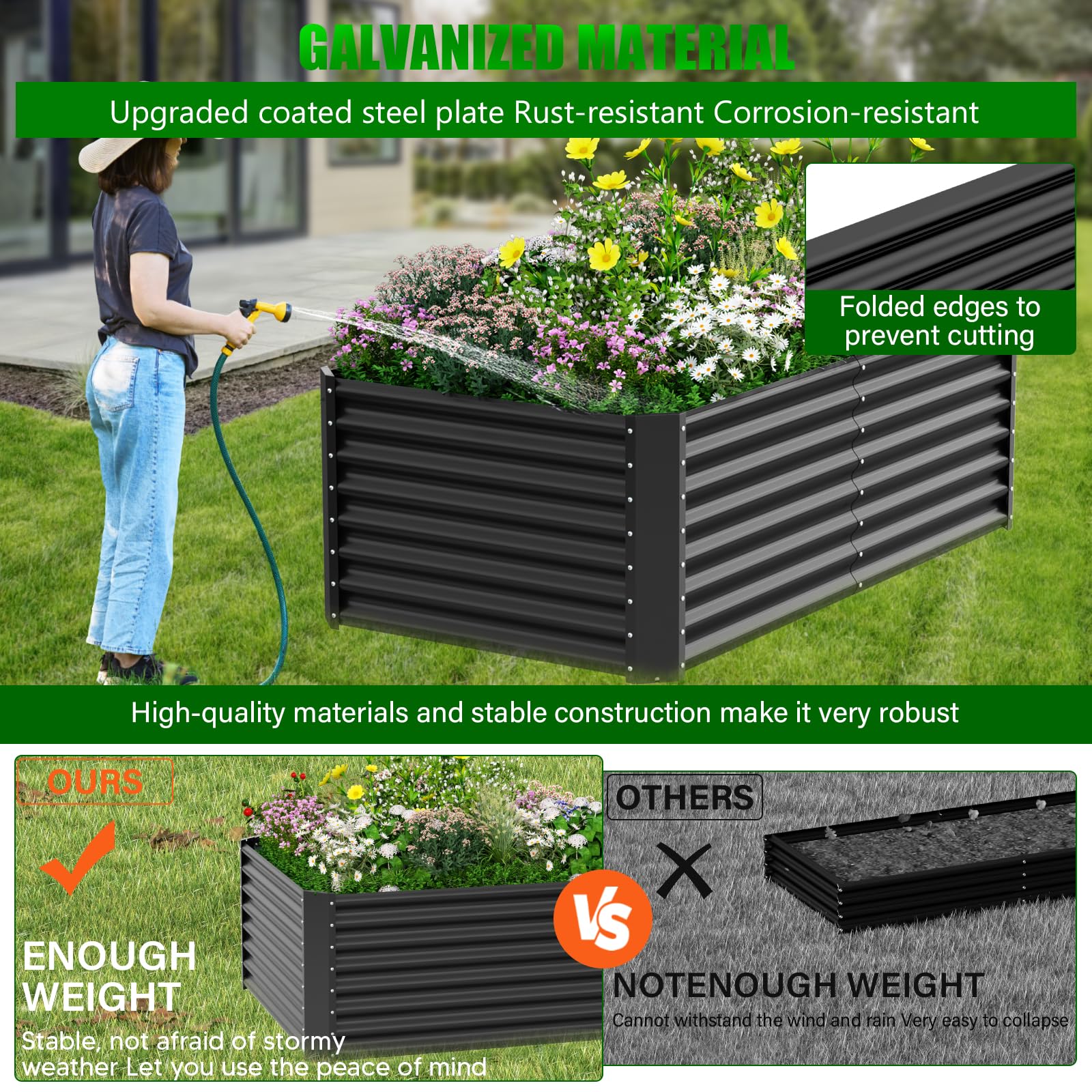 VELPAX Letto per Orto Rialzato in Metallo,183 x 92 x 61 cm Resistente alle Intemperie Orto Rialzato da Esterno Extra Grandi,Vasconi per Orto da Esterno in Acciaio Inox