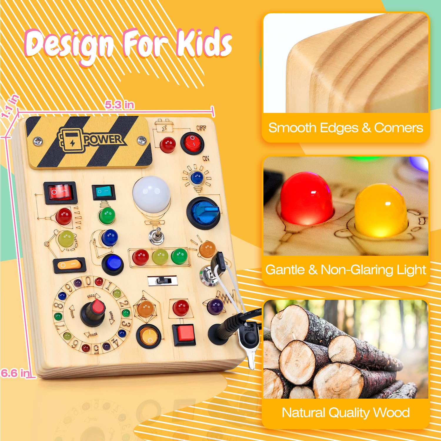 Tablero de actividades con interruptores de luz LED, juguetes Montessori para niños de 1, 2, 3 años, tablero de actividades sensoriales de madera para niños pequeños, juguetes de viaje para niños y 3