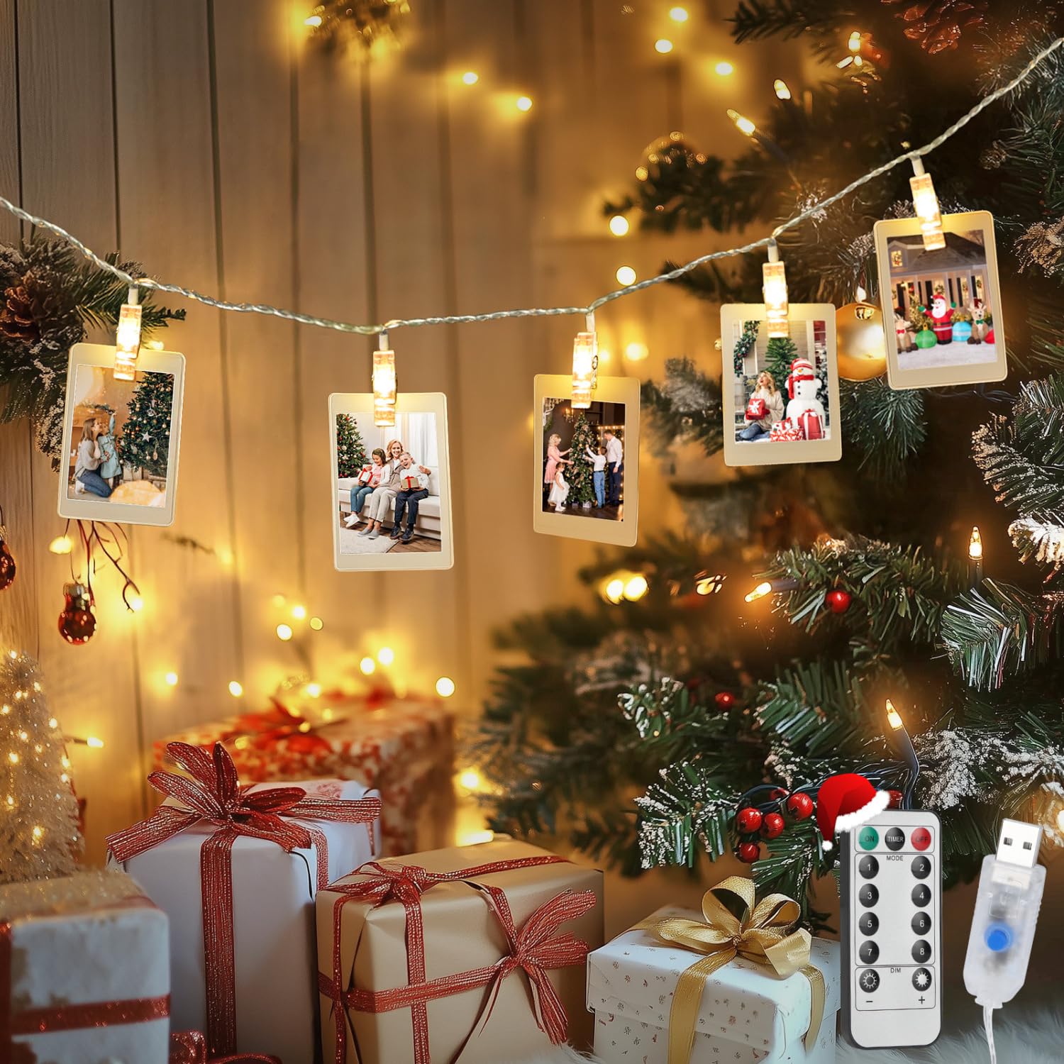 Aigostar 2M 10LED Clip Cadena de Luces con 10 Pinzas para Colgar Fotos, Guirnaldas de Luces con Control Remoto, Fotoclips Guirnalda de Decoración para Navidad, Habitaciones, Bodas (Blanco Cálido)