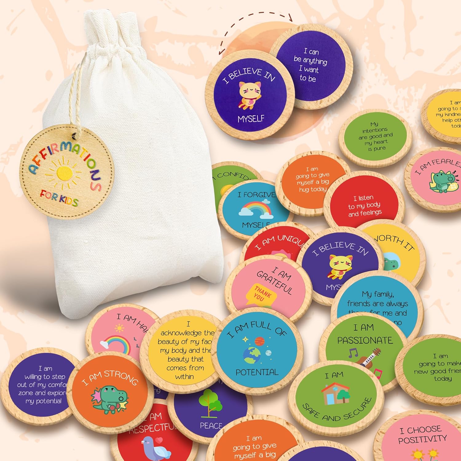 Positive Affirmation Cards For Kids - Wooden Mindfulness Tokens With Empowering Messages For Children's Self-Esteem