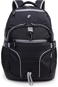 J World New York Atom Laptop Backpack Ergonomic Backpack for School with Air Mesh Padded Shoulder Straps 600D Polyester Work Backpack for Men and Women Stylish Design BLACK