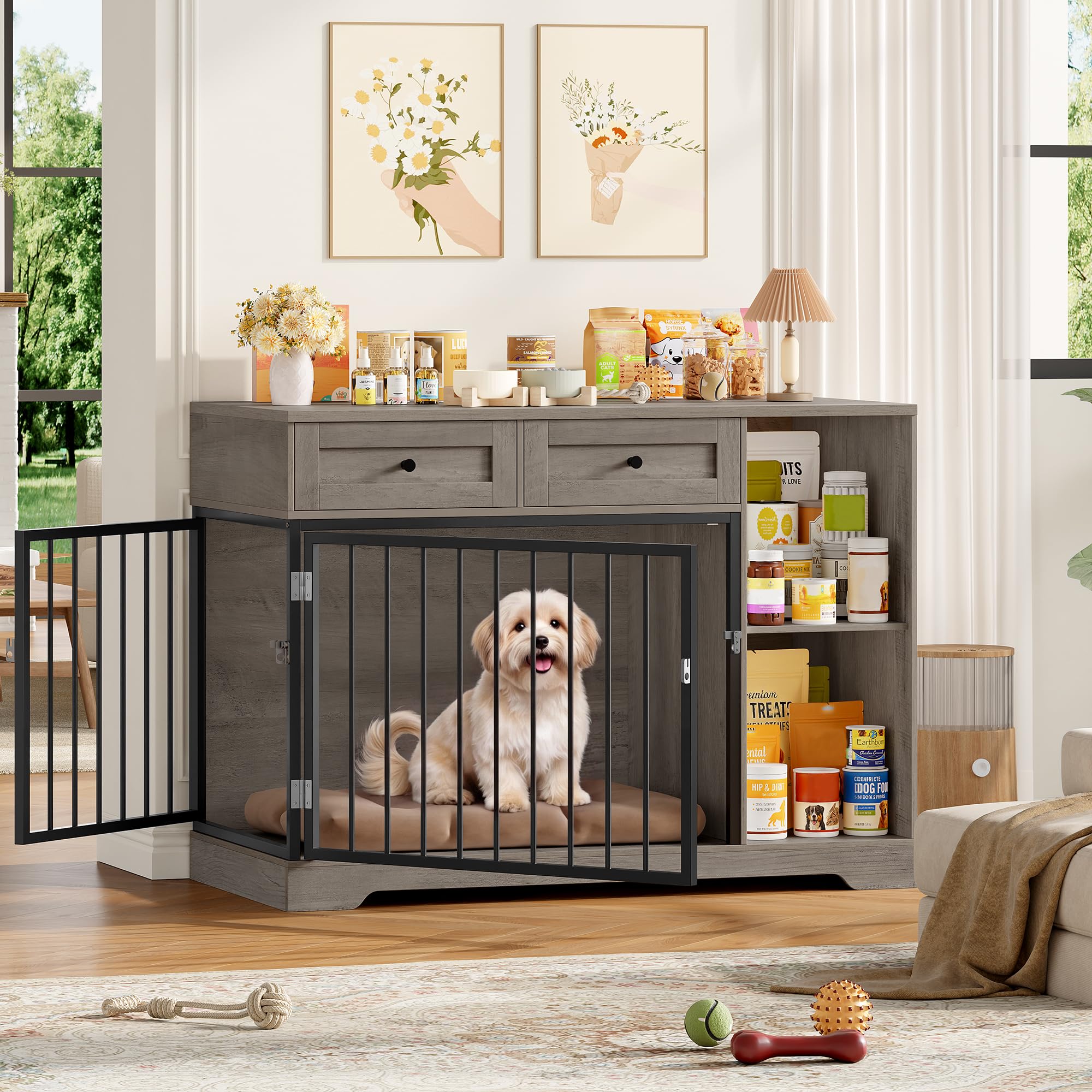 FirFurd Hundebox für kleine Hunde Hundekäfig Möbel mit Schubladen & 2 Türen | Hundebox für Zuhause, Hundekäfig aus Metall und Holz, Hundehütte Indoor, Hundehaus, Tierhaus, 120x87x60cm, Braun & Schwarz