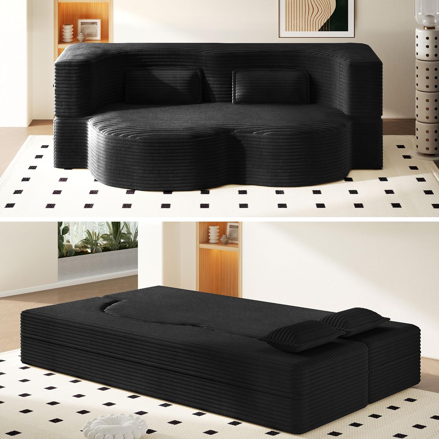 78" Full Size Convertible Sofa Bed, 2-in-1 Folding Floor Couch with 2 Pillows, Sleeper Sofa for Living Room and Bedroom, No Assembly Required (Beige, Corduroy Fabric)