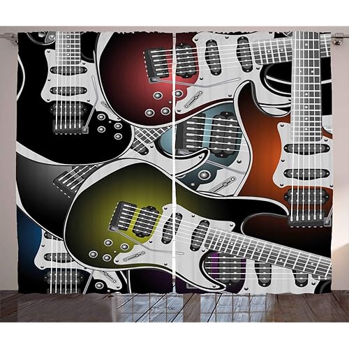 Ambesonne Popstar Party Curtains, Pile of Graphic Colorful Electric Guitars Rock Music Stringed Instruments, Living Room Bedroom Window Drapes 2 Panel Set, 108" X 96", Black Coral