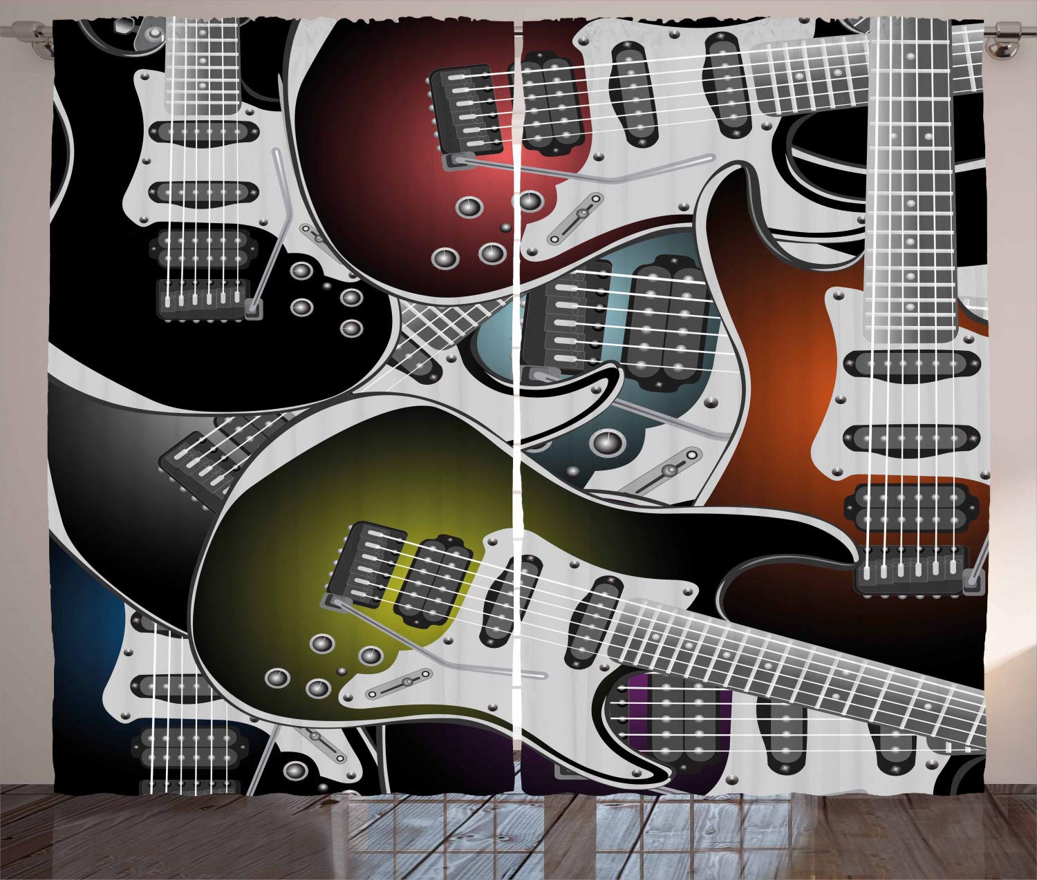 Ambesonne Popstar Party Curtains, Pile of Graphic Colorful Electric Guitars Rock Music Stringed Instruments, Living Room Bedroom Window Drapes 2 Panel Set, 108" X 63", Black Coral