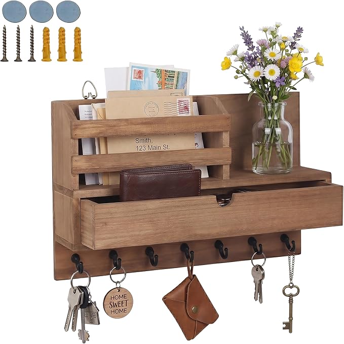 Relaxdays Organizador de Llaves para Pared, con cajón y Estante, 7 Ganchos, 22x34x10 cm, Madera marrón con descuento