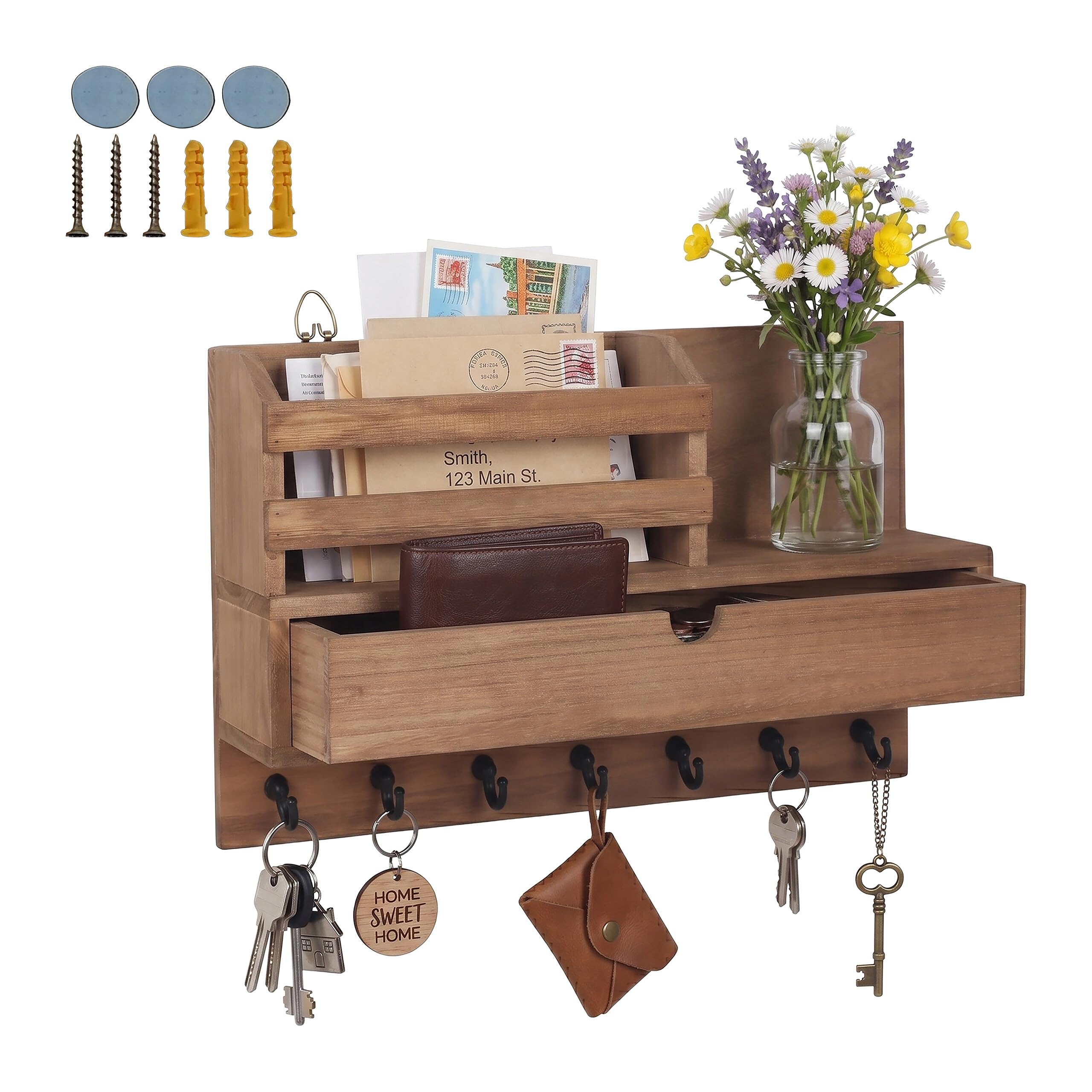 Relaxdays Key Rack with Drawer & Shelf, Wall-mounted Organiser, 7 Hooks, HxWxD: 22x34x10 cm, Wood, Brown